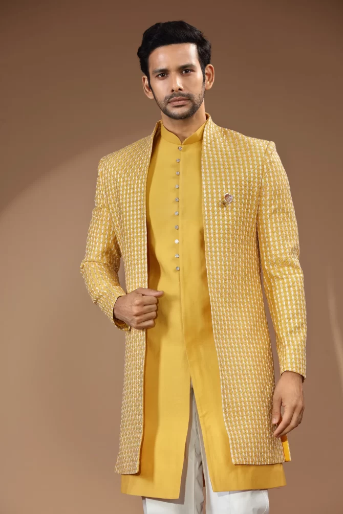 Yellow & White Sequin Thread Embroidered Velvet Indo-Western