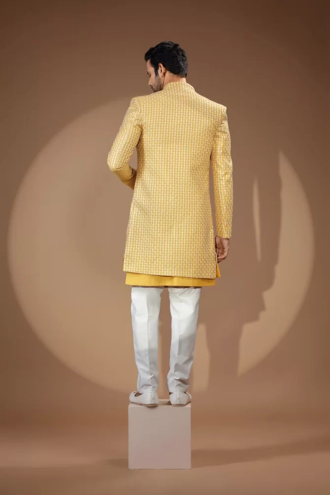Yellow & White Sequin Thread Embroidered Velvet Indo-Western