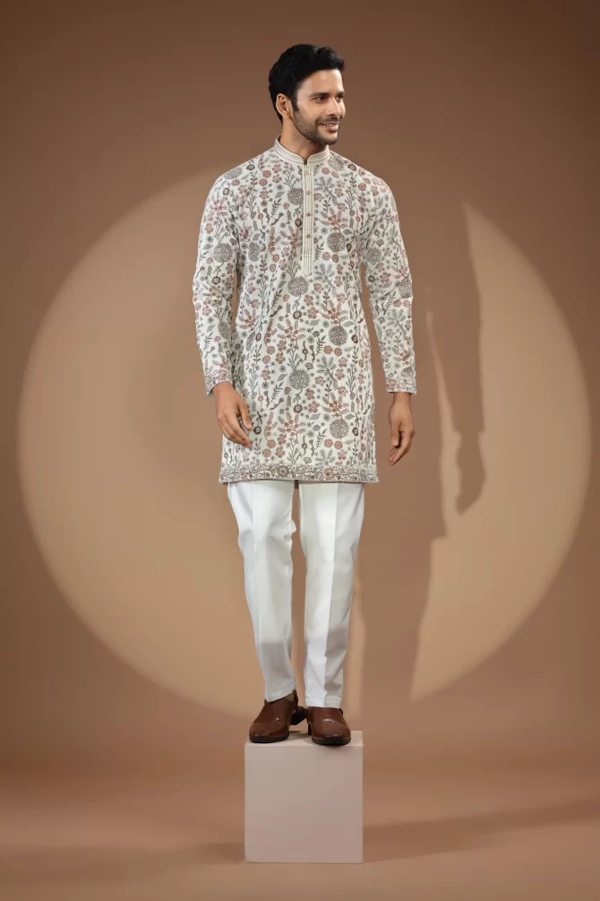 White Kurta With Printed Sequin Thread Embroidered
