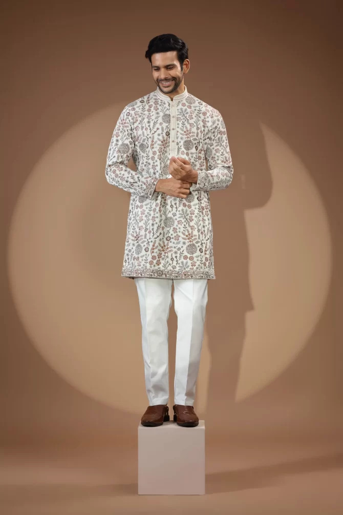 White Kurta With Printed Sequin Thread Embroidered