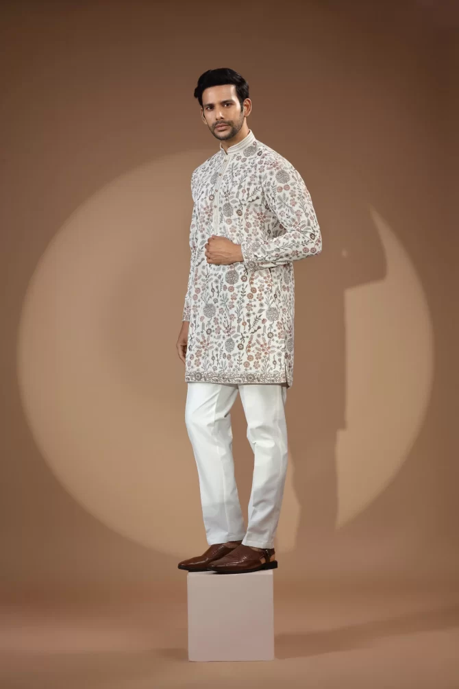White Kurta With Printed Sequin Thread Embroidered