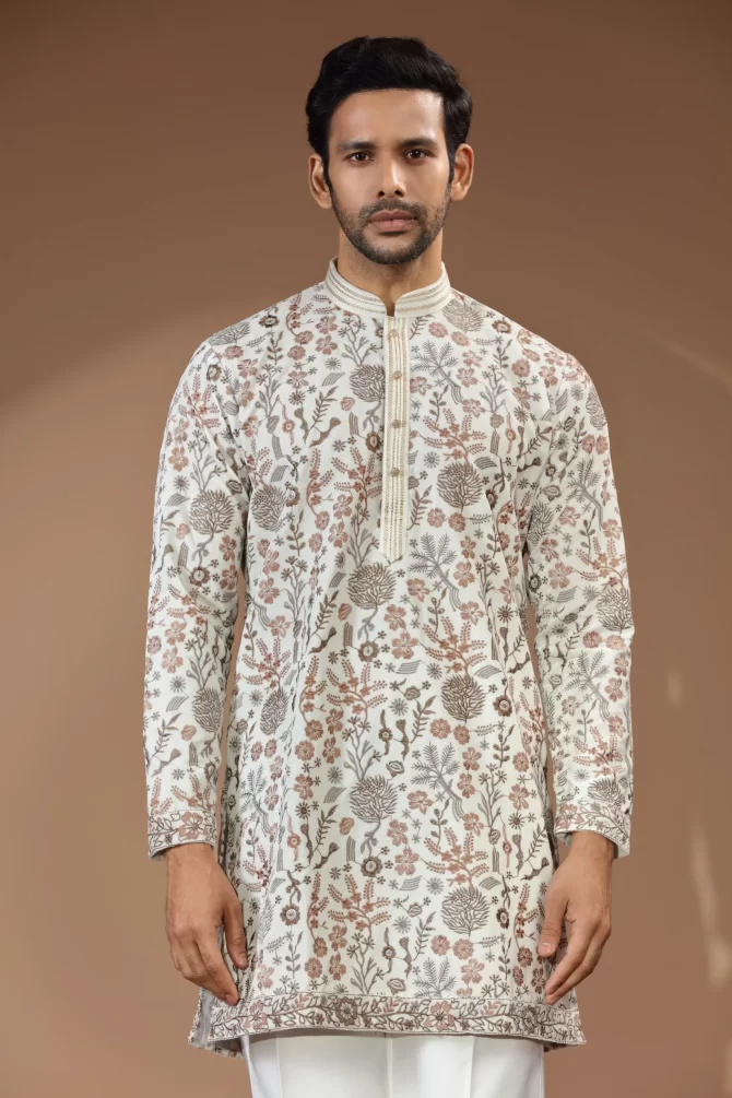 White Kurta With Printed Sequin Thread Embroidered