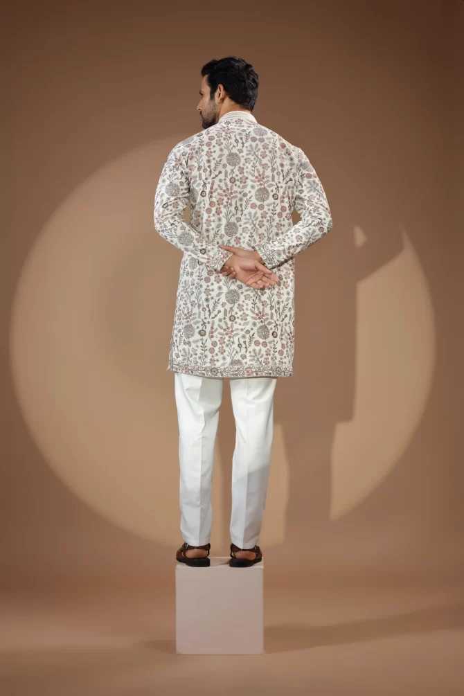 White Kurta With Printed Sequin Thread Embroidered