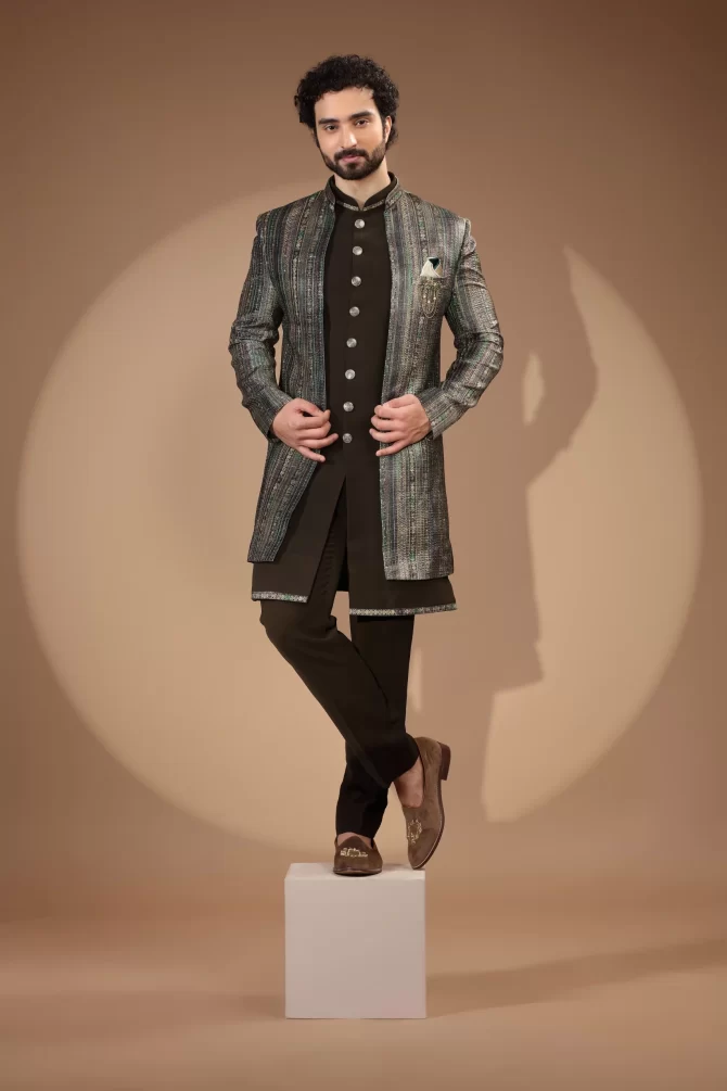 Black & Multicolor Sequin Thread Embroidered Velvet Indo-Western