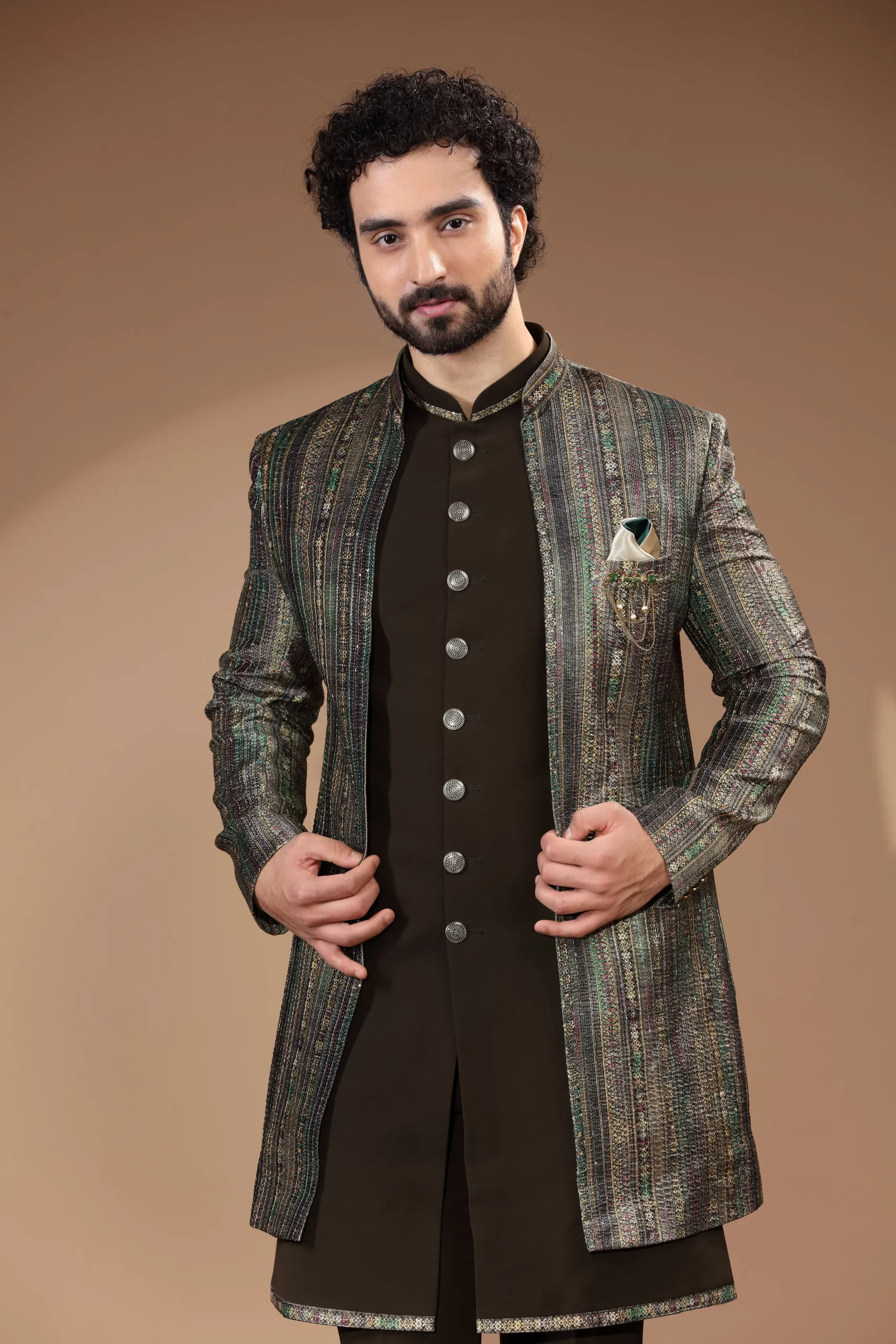 Black & Multicolor Sequin Thread Embroidered Velvet Indo-Western