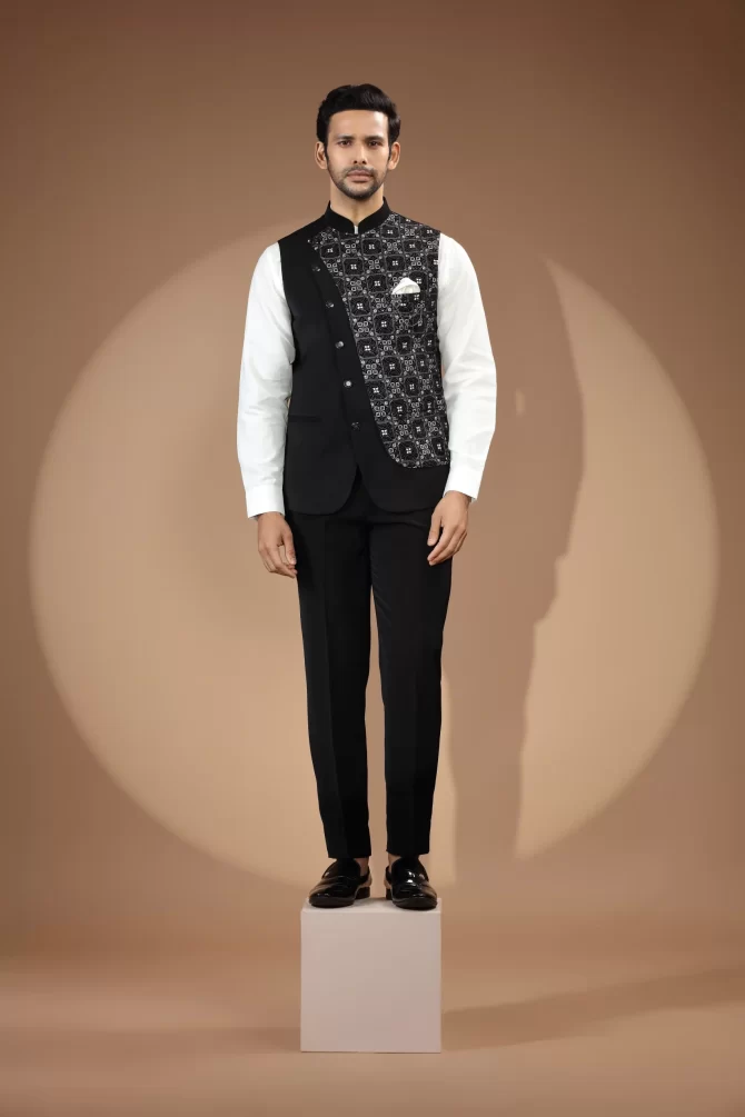 Black & White Sequin Thread Embroidered Velvet Waist-Coat With Shirt