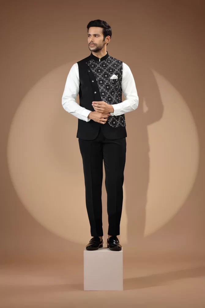 Black & White Sequin Thread Embroidered Velvet Waist-Coat With Shirt