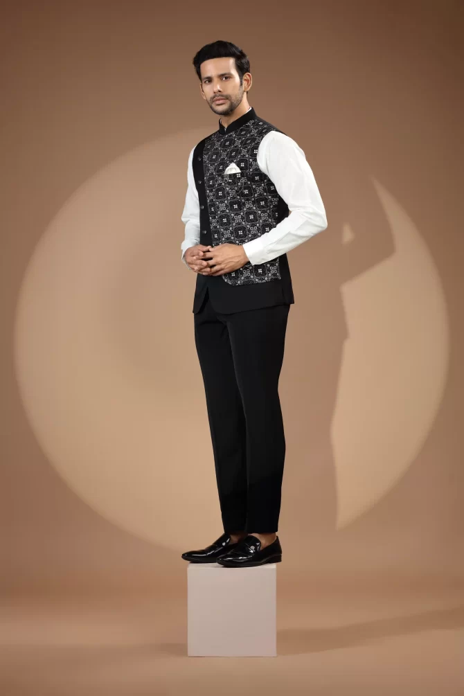 Black & White Sequin Thread Embroidered Velvet Waist-Coat With Shirt