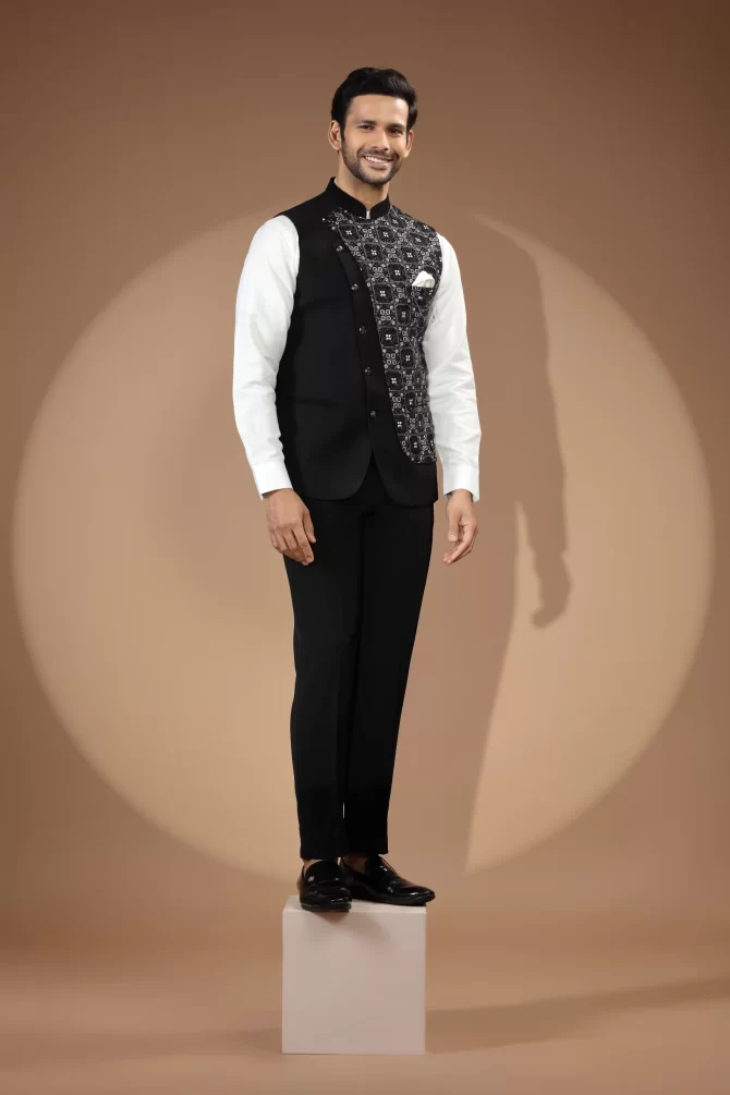 Black & White Sequin Thread Embroidered Velvet Waist-Coat With Shirt