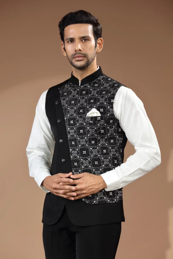 Black & White Sequin Thread Embroidered Velvet Waist-Coat With Shirt