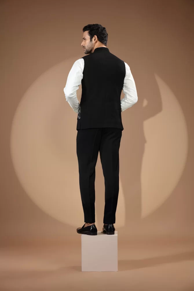 Black & White Sequin Thread Embroidered Velvet Waist-Coat With Shirt