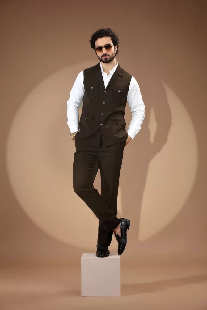 Dark Brown Velvet Waist-Coat With Shirt