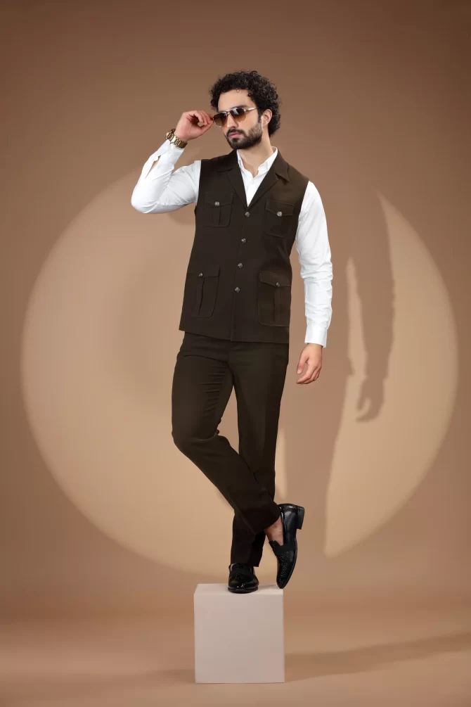 Dark Brown Velvet Waist-Coat With Shirt