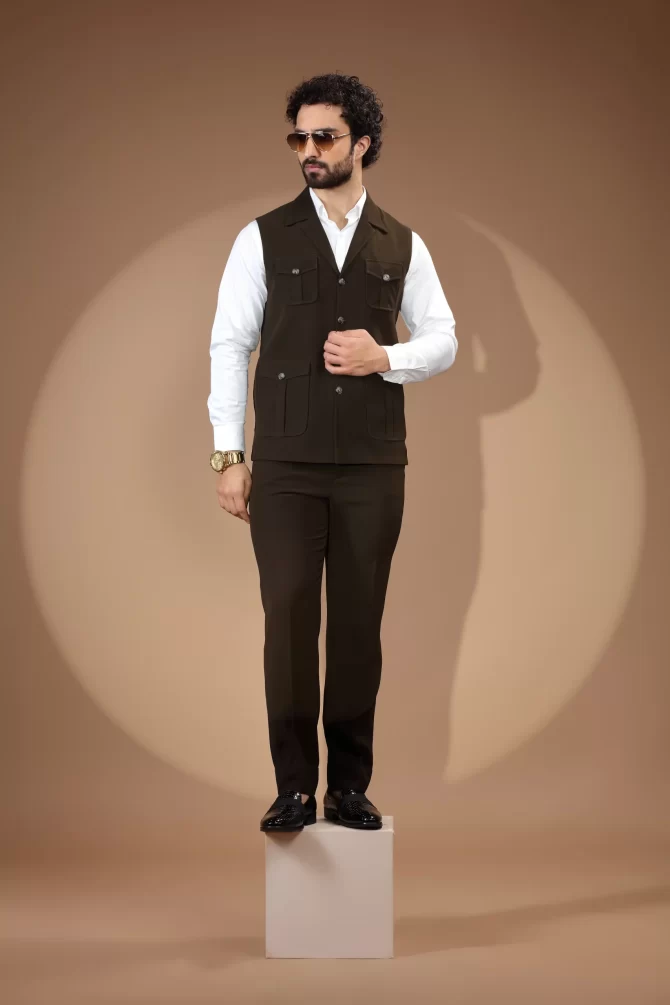 Dark Brown Velvet Waist-Coat With Shirt
