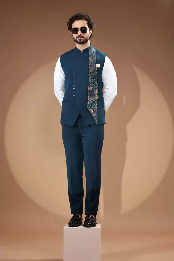 Royal Blue Sequin Thread Embroidered Velvet Waist-Coat With Shirt