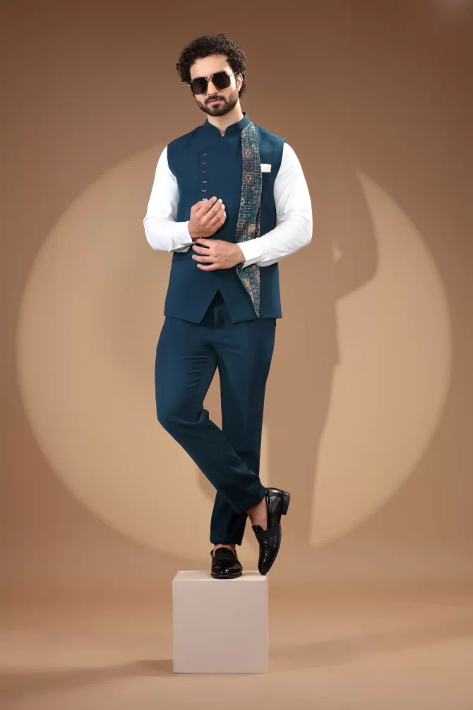 Royal Blue Sequin Thread Embroidered Velvet Waist-Coat With Shirt