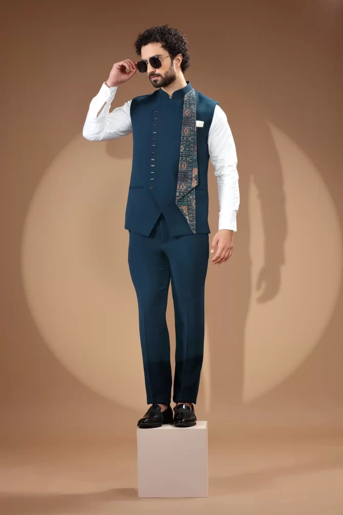Royal Blue Sequin Thread Embroidered Velvet Waist-Coat With Shirt