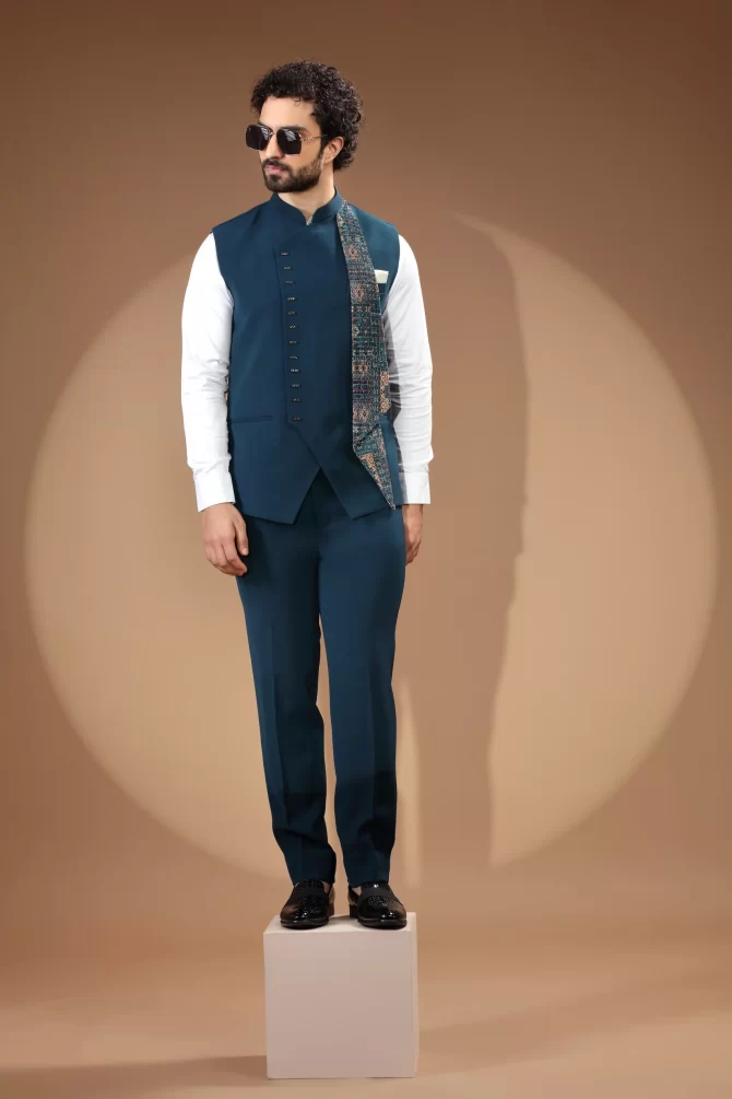 Royal Blue Sequin Thread Embroidered Velvet Waist-Coat With Shirt