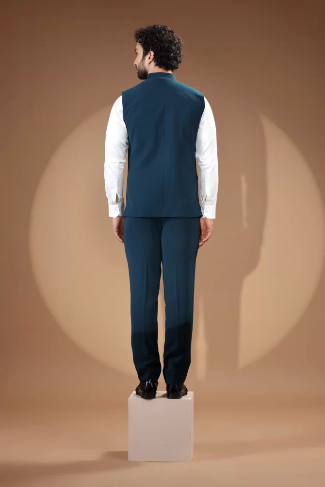 Royal Blue Sequin Thread Embroidered Velvet Waist-Coat With Shirt