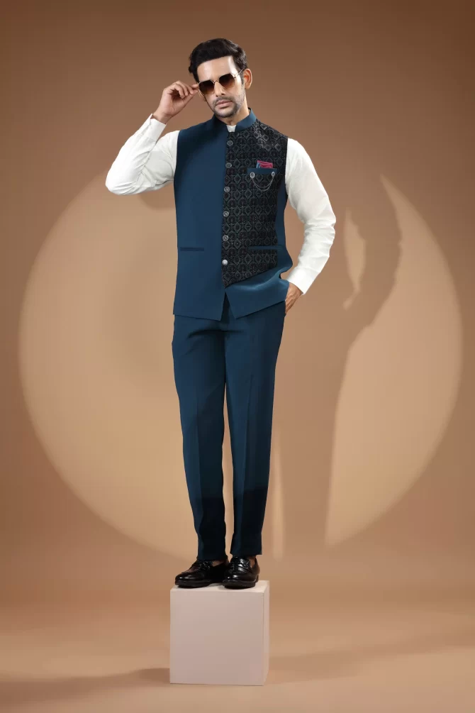 Royal Blue & Black Sequin Thread Embroidered Velvet Waist-Coat With Shirt
