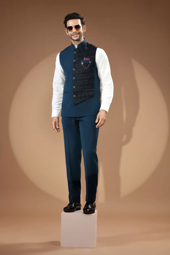 Royal Blue & Black Sequin Thread Embroidered Velvet Waist-Coat With Shirt