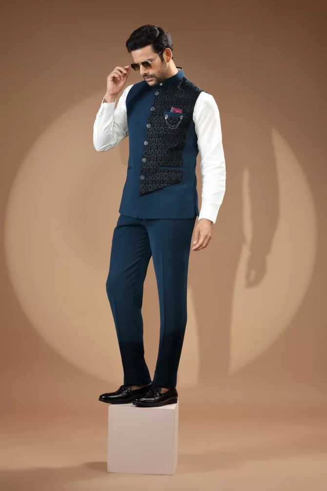 Royal Blue & Black Sequin Thread Embroidered Velvet Waist-Coat With Shirt