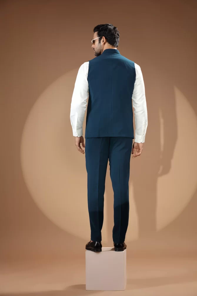 Royal Blue & Black Sequin Thread Embroidered Velvet Waist-Coat With Shirt