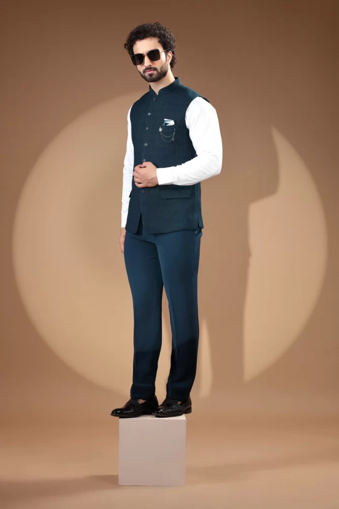 Navy Blue Sequin Thread Embroidered Velvet Waist-Coat With Shirt