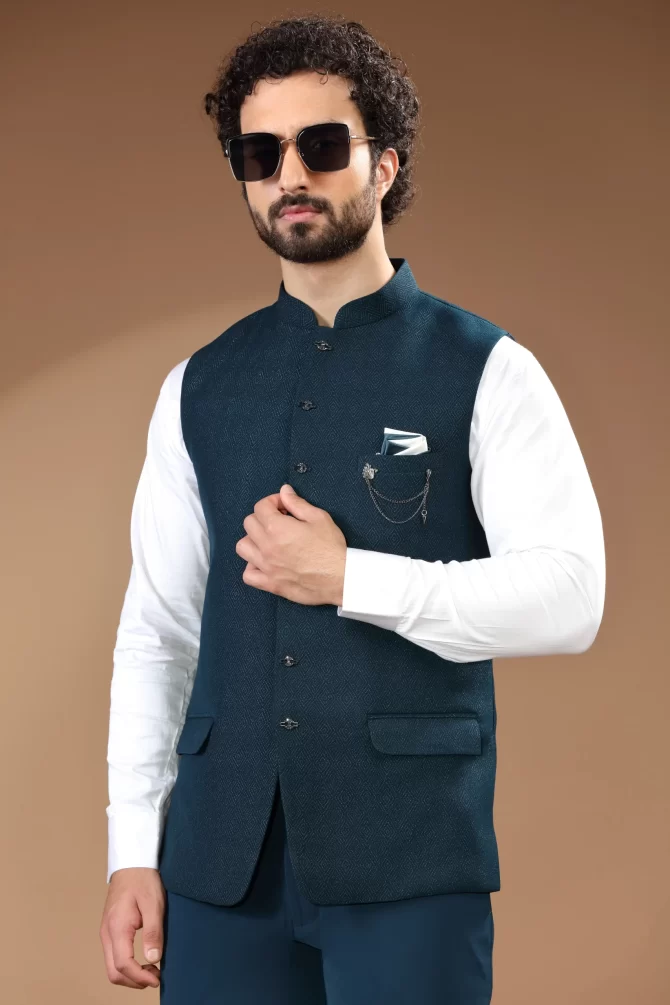 Navy Blue Sequin Thread Embroidered Velvet Waist-Coat With Shirt
