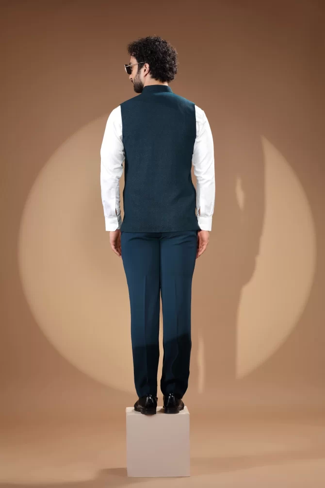 Navy Blue Sequin Thread Embroidered Velvet Waist-Coat With Shirt