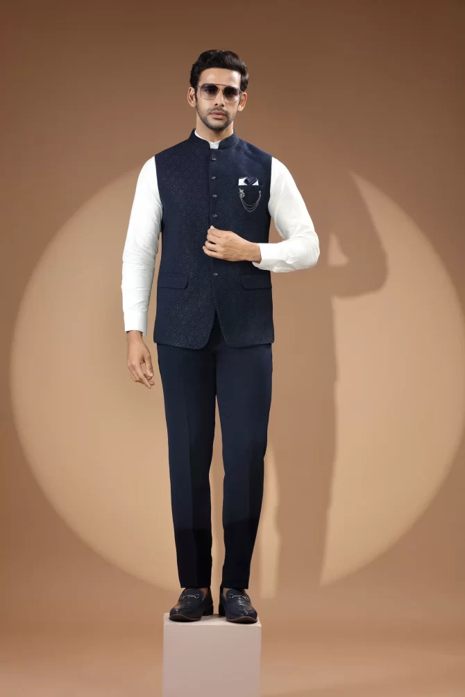 Blue Sequin Thread Embroidered Velvet Waist-Coat With Shirt