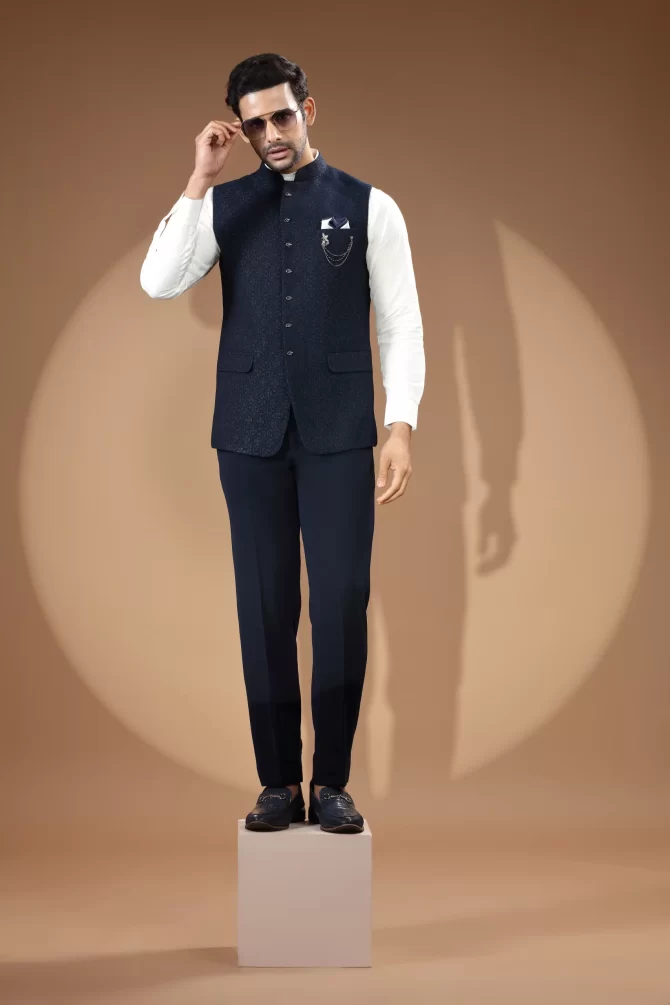 Blue Sequin Thread Embroidered Velvet Waist-Coat With Shirt
