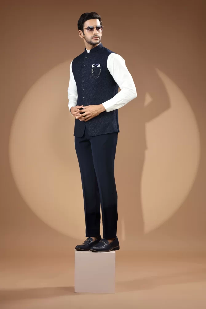 Blue Sequin Thread Embroidered Velvet Waist-Coat With Shirt