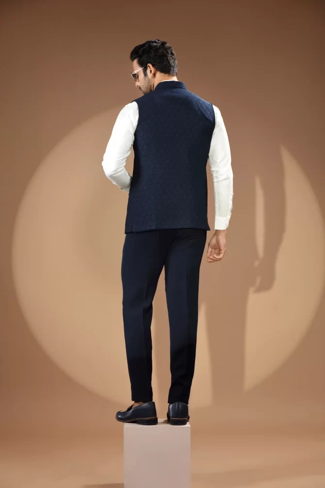 Blue Sequin Thread Embroidered Velvet Waist-Coat With Shirt