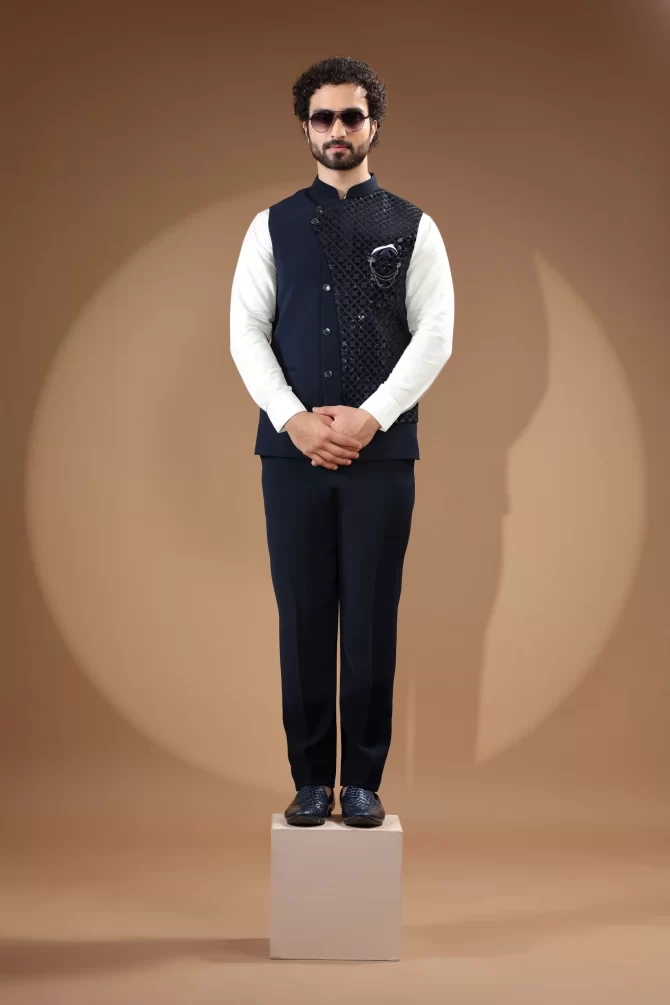 Blue & Black Sequin Thread Embroidered Velvet Waist-Coat With Shirt