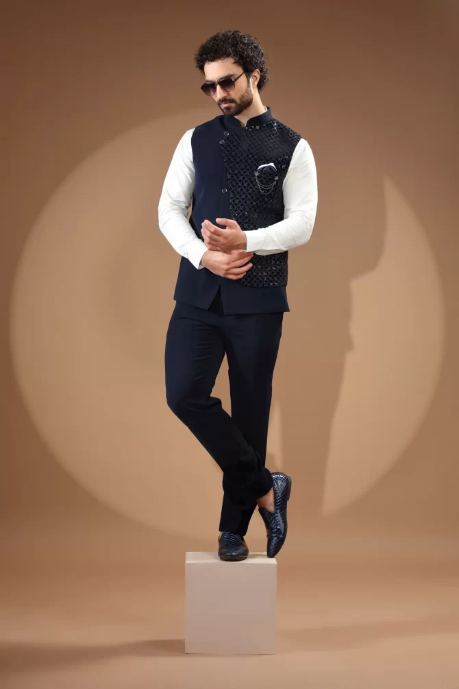 Blue & Black Sequin Thread Embroidered Velvet Waist-Coat With Shirt