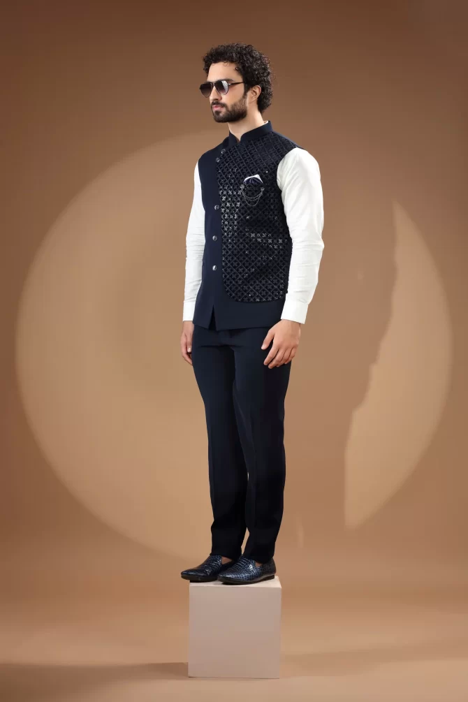 Blue & Black Sequin Thread Embroidered Velvet Waist-Coat With Shirt