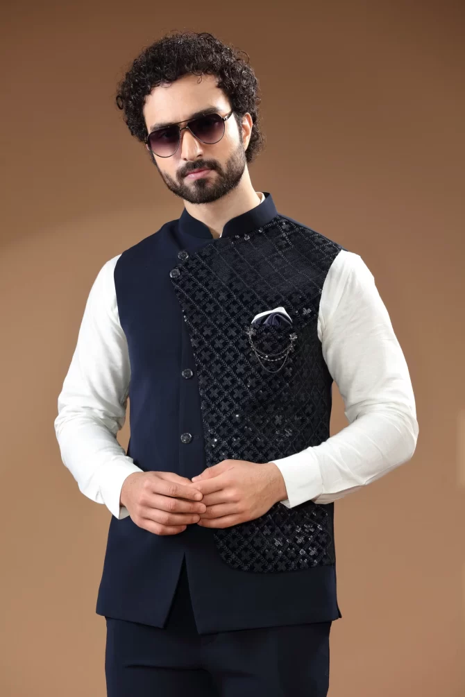 Blue & Black Sequin Thread Embroidered Velvet Waist-Coat With Shirt