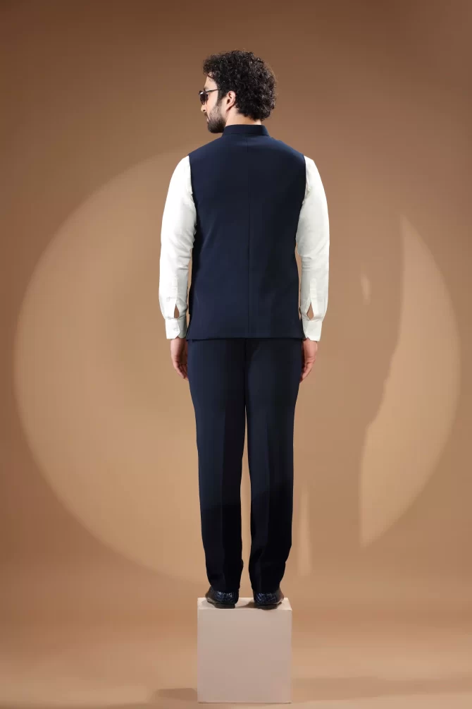 Blue & Black Sequin Thread Embroidered Velvet Waist-Coat With Shirt