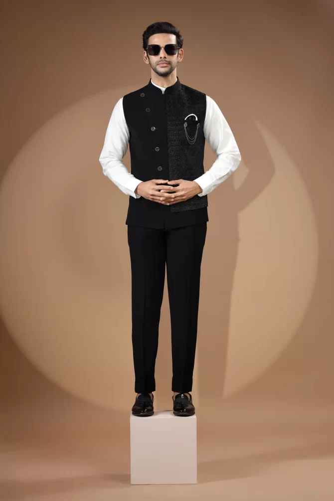 Black Sequin Thread Embroidered Velvet Waist-Coat With Shirt