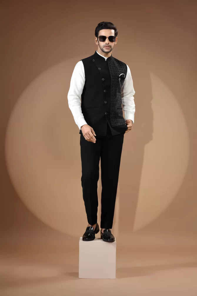 Black Sequin Thread Embroidered Velvet Waist-Coat With Shirt