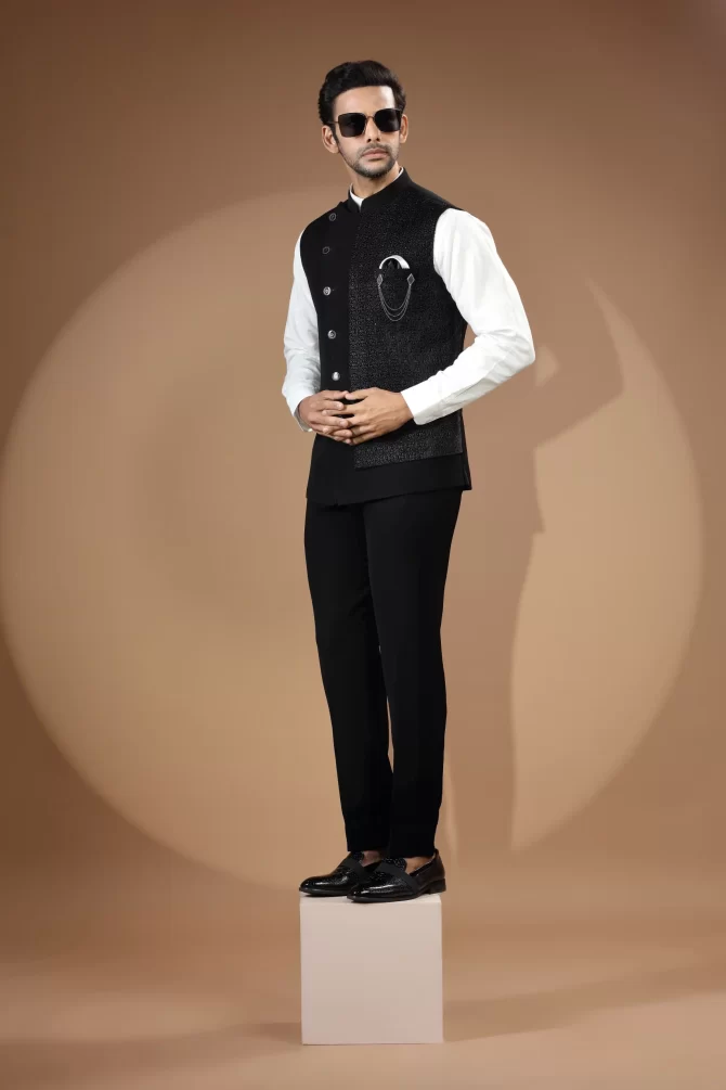 Black Sequin Thread Embroidered Velvet Waist-Coat With Shirt