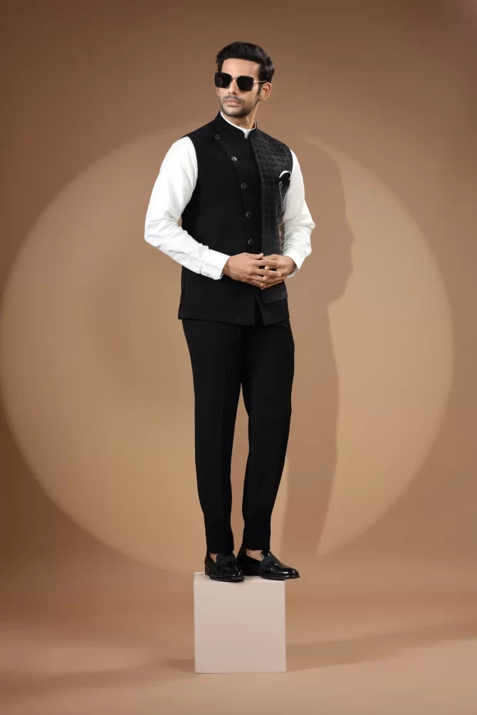 Black Sequin Thread Embroidered Velvet Waist-Coat With Shirt
