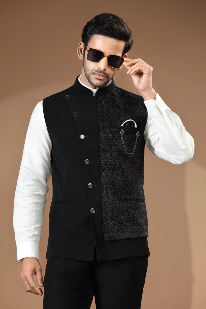 Black Sequin Thread Embroidered Velvet Waist-Coat With Shirt