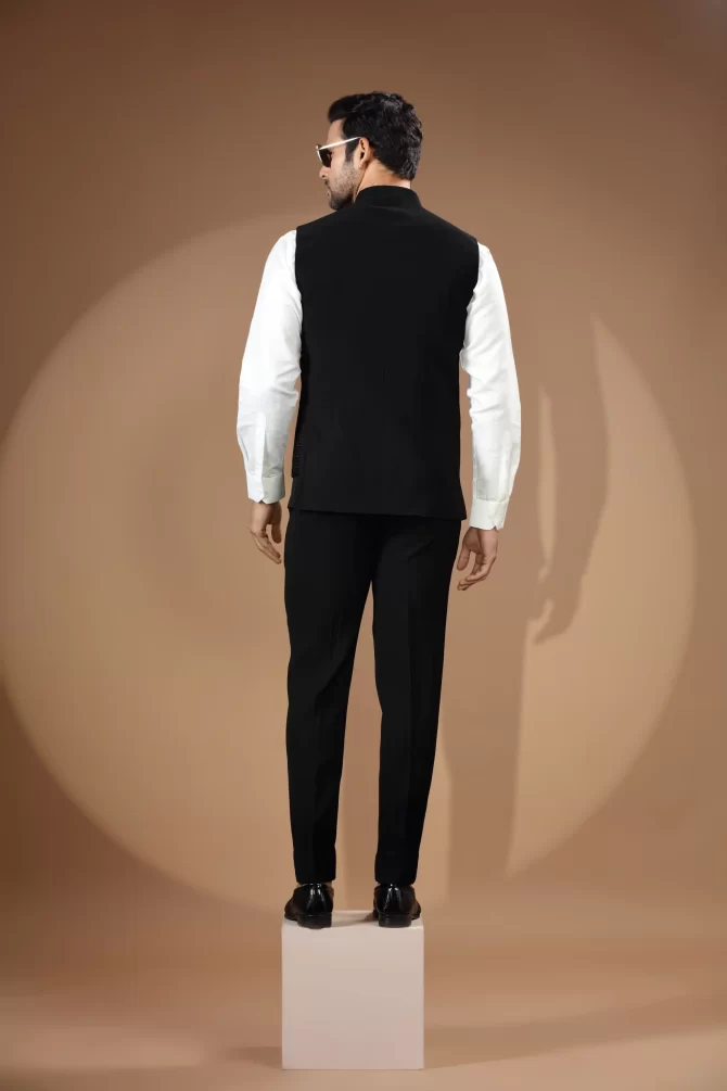 Black Sequin Thread Embroidered Velvet Waist-Coat With Shirt