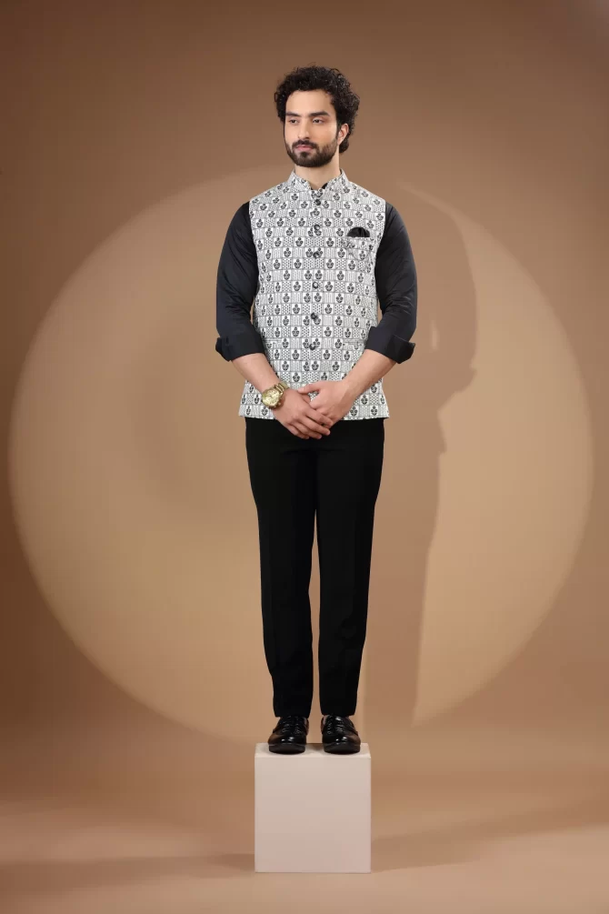 White & Black Sequin Thread Embroidered Velvet Waist-Coat With Shirt