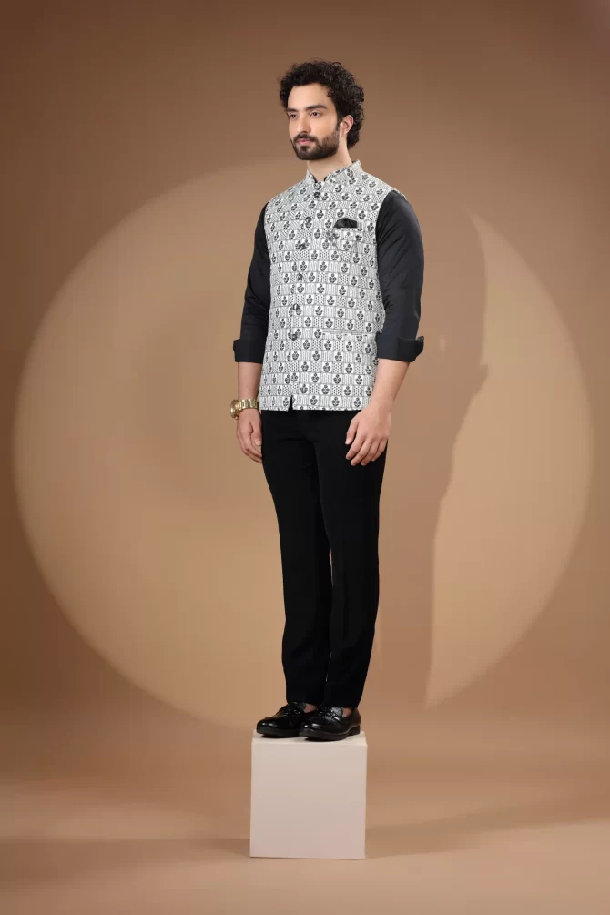 White & Black Sequin Thread Embroidered Velvet Waist-Coat With Shirt