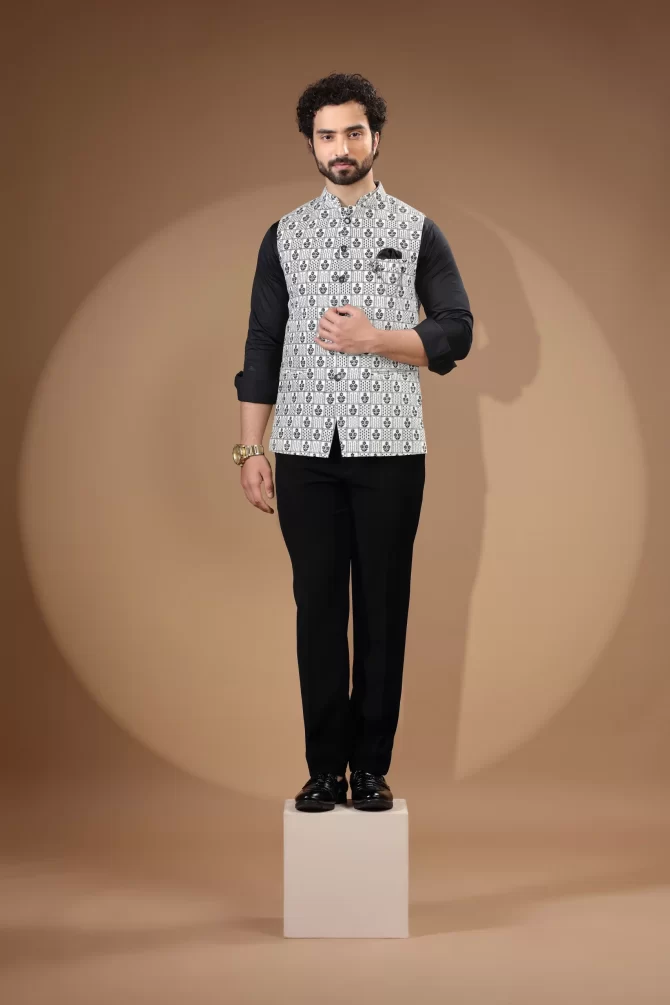 White & Black Sequin Thread Embroidered Velvet Waist-Coat With Shirt
