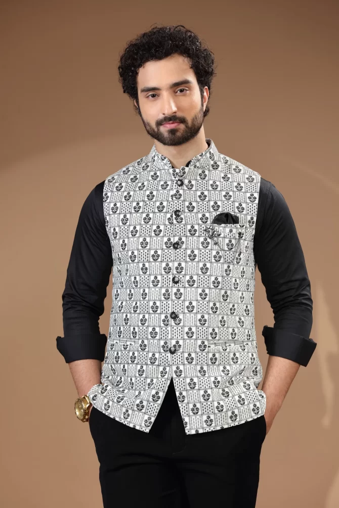White & Black Sequin Thread Embroidered Velvet Waist-Coat With Shirt