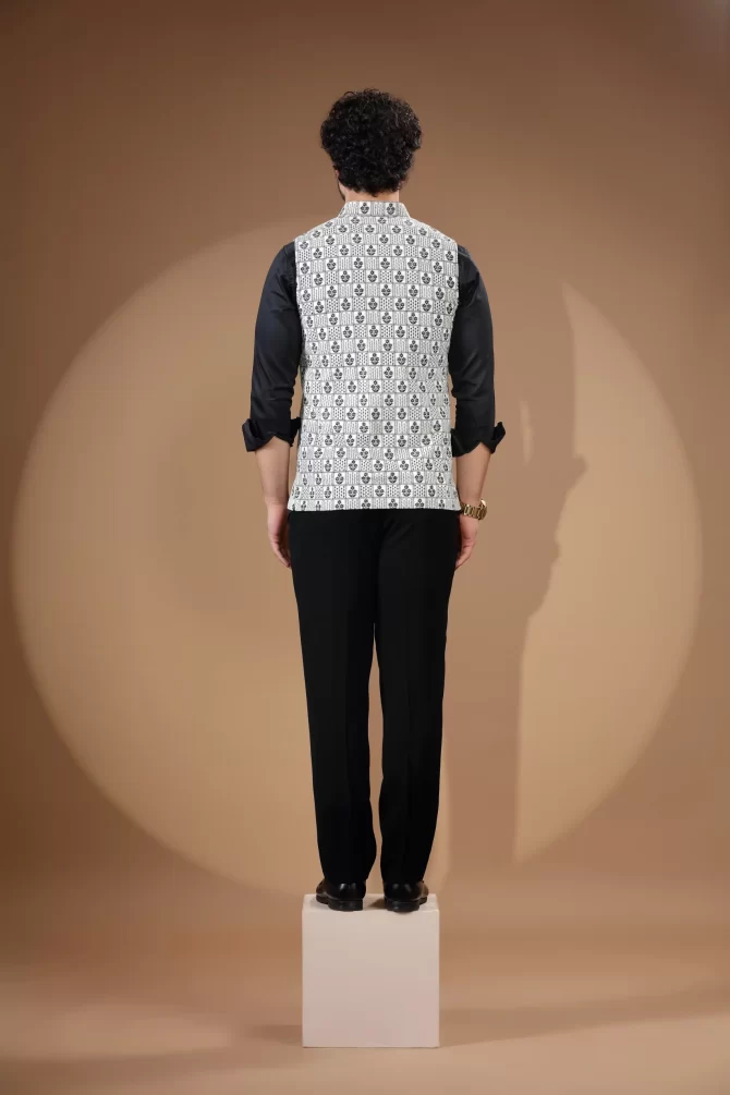 White & Black Sequin Thread Embroidered Velvet Waist-Coat With Shirt